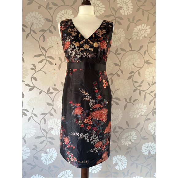 Monsoon 10 Black Evening Party Dress Fitted Chinese Style Print Sequin Detail - Picture 1 of 9